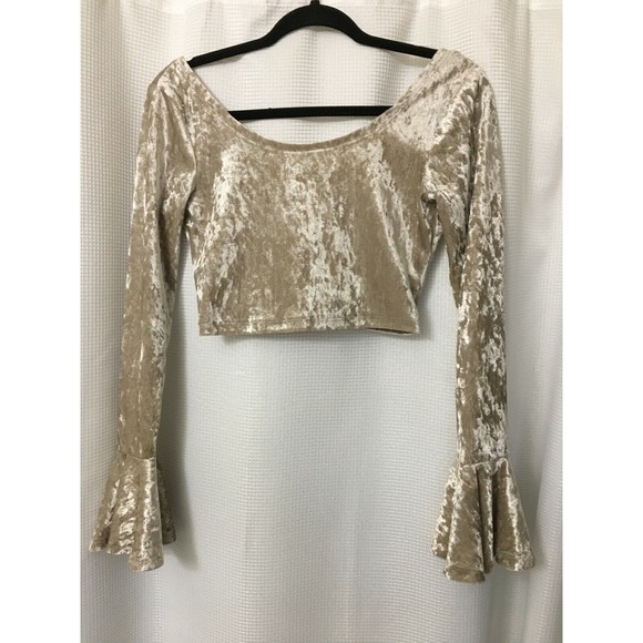 Crush Velour Crop Top Boho Bell Sleeves Size Small Cross Back Platinum Color A1 - Picture 5 of 6
